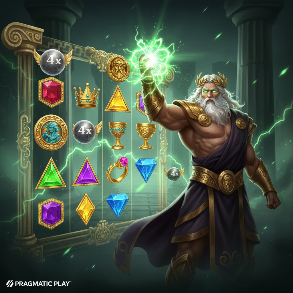 888 of Olympus slot game - Zeus holding green lightning orb, wearing golden crown and armor, Greek temple with columns, cluster pay grid with gem symbols and multipliers