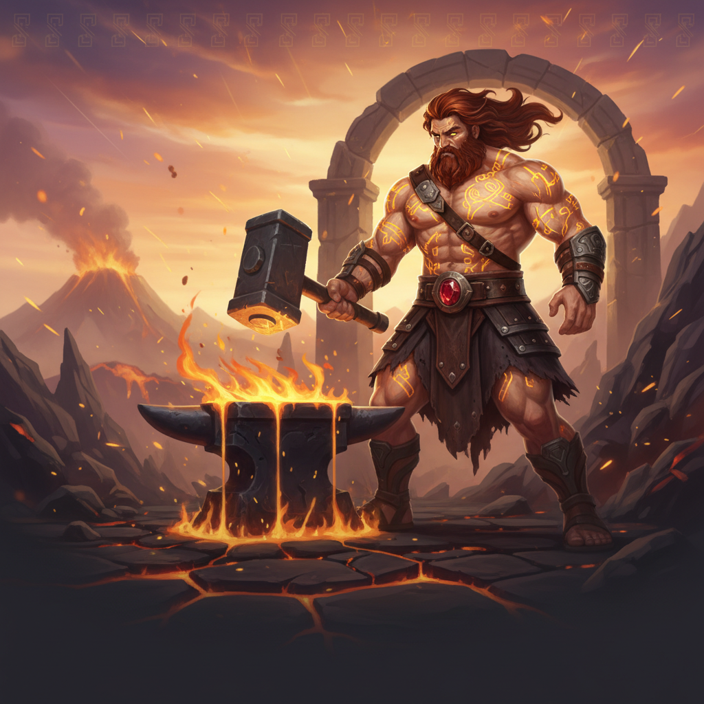 Forge of Olympus slot game - Ο Ήφαιστος στο θεϊκό εργαστήριο με το πυρακτωμένο αμόνι, χρυσά ρουνικά τατουάζ και ηφαιστειακό τοπίο με λιωμένη λάβα στο φόντο
