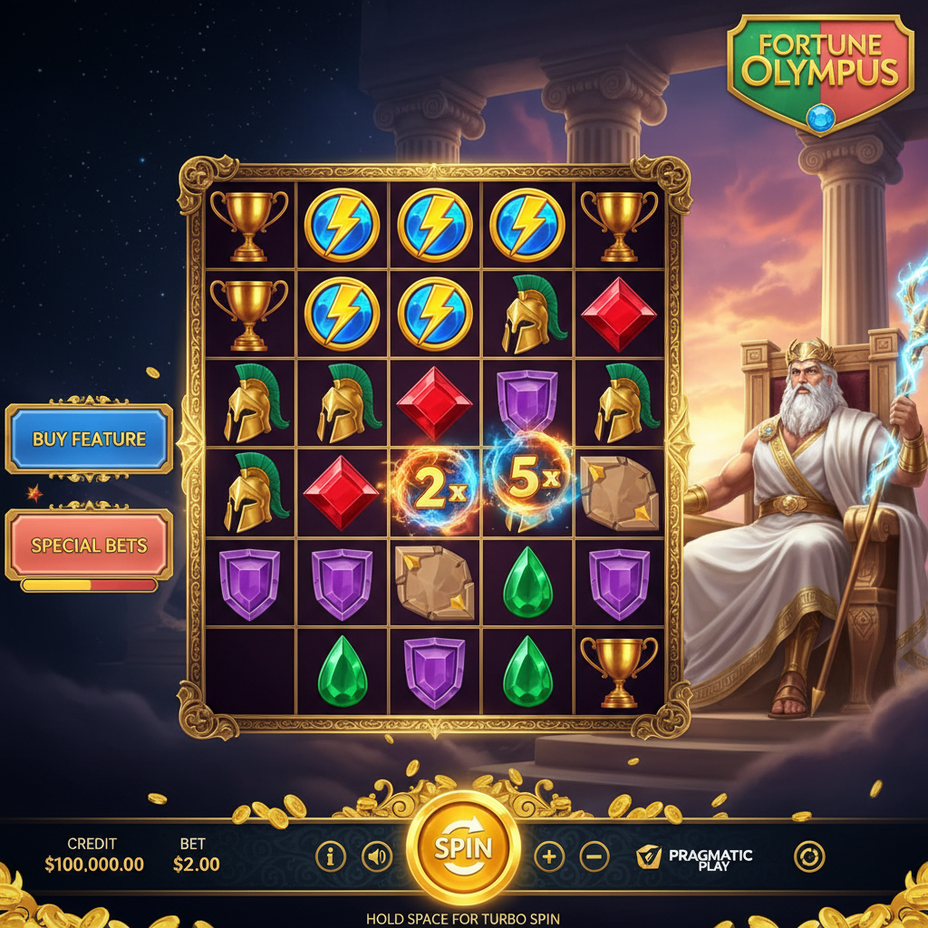 Fortune of Olympus slot game featuring Zeus on golden throne with lightning bolt symbols, Greek temple columns, and 7x7 game grid showing premium symbols including golden trophy, helmet with green plume, and glowing multiplier orbs