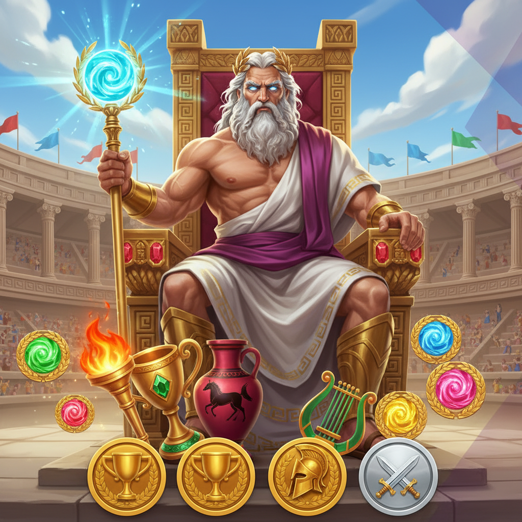 Games in Olympus 1000 slot - Ο Δίας στον χρυσό θρόνο του στο κολοσσαίο του Ολύμπου με φλόγες, κύπελλα και σύμβολα πολλαπλασιαστών
