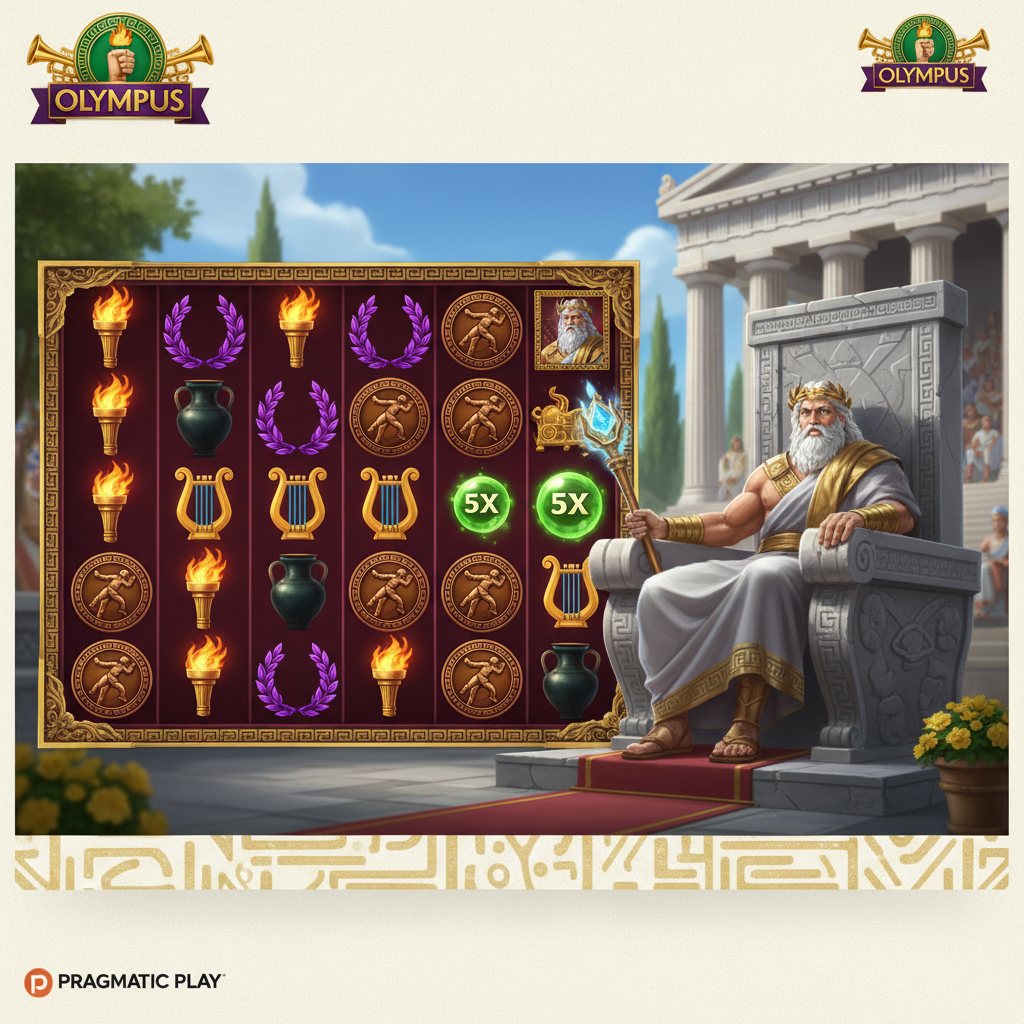 Games in Olympus slot από Pragmatic Play με τον Δία στο θρόνο, ελληνικούς ναούς, ολυμπιακή δάδα, στεφάνι δάφνης και σύμβολα αρχαίων αθλητών στο grid 6x5