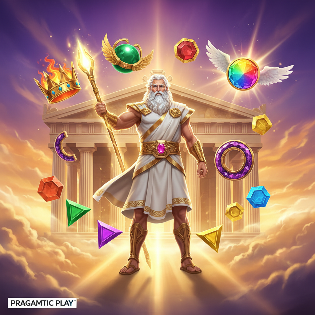 Gates of Olympus 1000 slot game με τον Δία μπροστά από χρυσό ελληνικό ναό, πολλαπλασιαστές με φτερά, πολύτιμους λίθους και ουράνια ατμόσφαιρα με μωβ και χρυσά χρώματα