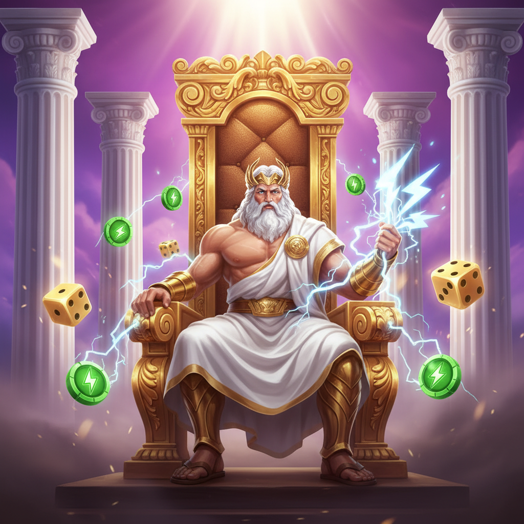 Gates of Olympus Dice slot game featuring Zeus god holding lightning bolts with golden dice, Greek temple columns, and 5x multiplier symbols on purple sky background
