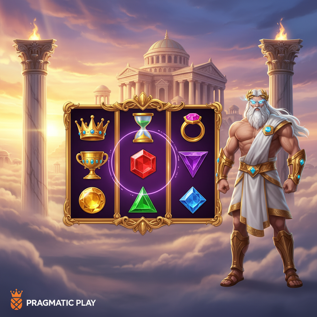 Gates of Olympus Pachi κουλοχέρης με τον Δία να στέκεται δίπλα σε κάνναβο 3x3, ελληνικός ναός στο βάθος, χρυσό στεφάνι δάφνης, σύμβολα κορώνας και πολύτιμων λίθων, ουράνιο τοπίο με σύννεφα και ηλιοβασίλεμα