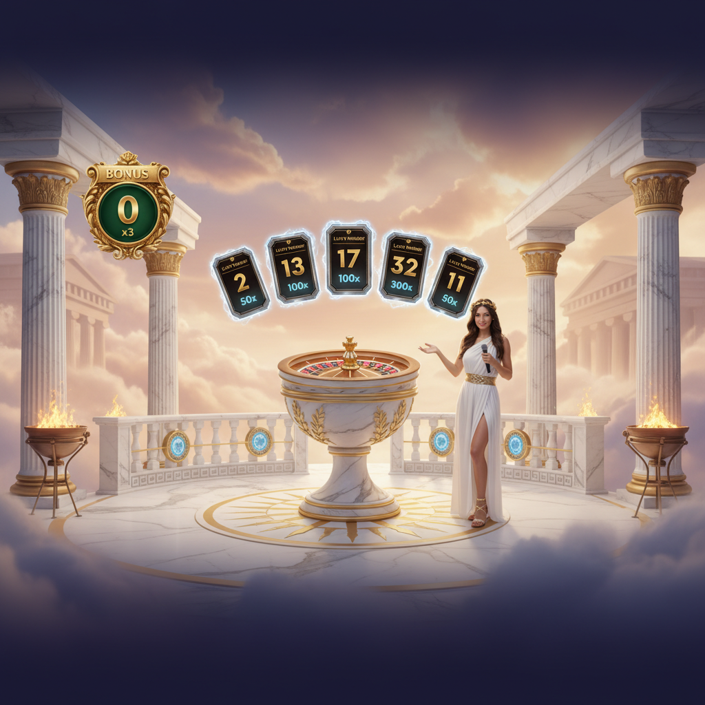 Gates of Olympus Roulette - Ζωντανό στούντιο με ελληνικό ναό στον Όλυμπο, μαρμάρινη τροχό ρουλέτας, χρυσές διακοσμήσεις και παρουσιάστρια σε ελληνική θεότητα ενδυμασία, με Lucky Numbers και Bonus multipliers επάνω από τον τροχό