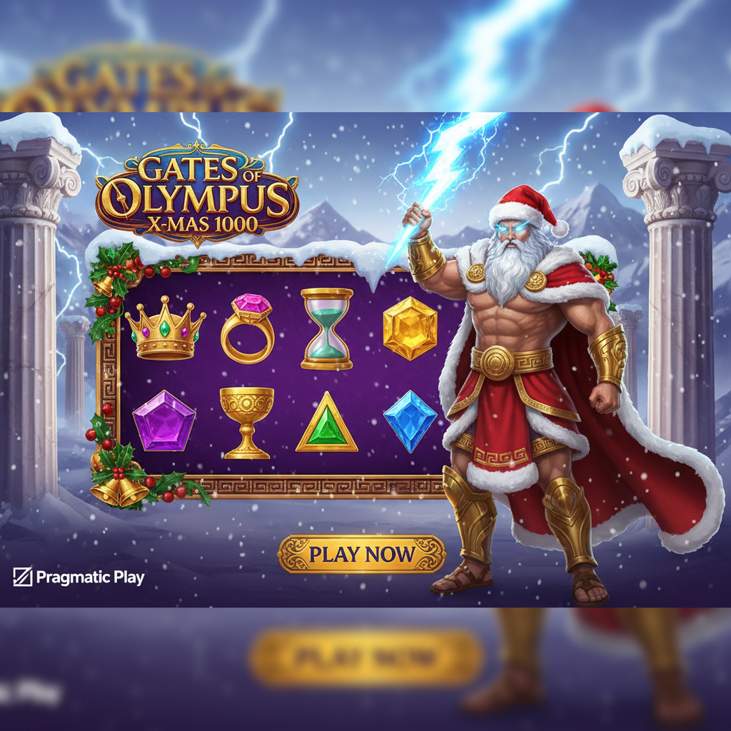 Gates of Olympus X-Mas 1000 slot game featuring Zeus wearing Santa outfit with red cape and white fur trim, holding glowing blue lightning bolt, surrounded by snow-covered Greek temple columns and golden ornate frame with Christmas decorations