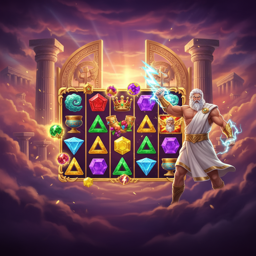 Gates of Olympus slot game: Δίας με κεραυνούς στον Όλυμπο, μωβ-ροζ σύννεφα, χρυσές πύλες, στέμμα Zeus, κύπελλο νερού, κέρας Αμαλθείας και πολύχρωμα gemstones
