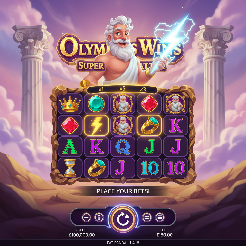 Olympus Wins Super Scatter slot game με τον Δία να κρατά κεραυνό, χρυσά σύμβολα κορώνας και κόκκινων διαμαντιών, μαρμάρινες κολώνες και ουράνιο τοπίο με μωβ-ροζ σύννεφα