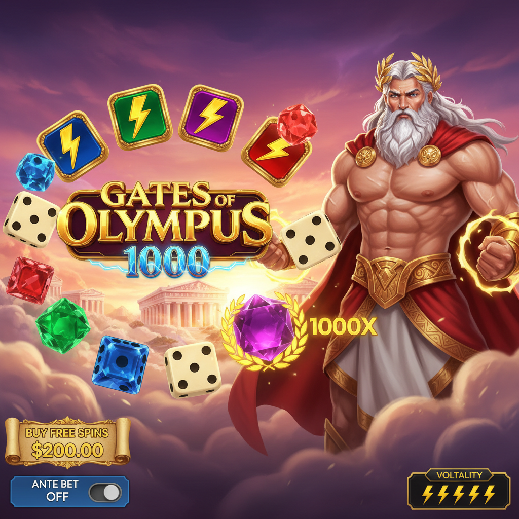 Gates of Olympus 1000 Dice - Ο Δίας με κεραυνούς και πολύεδρα ζάρια μπροστά από τους χρυσούς ναούς του Όλυμπου, σύμβολα αστραπών και gem πολλαπλασιαστές